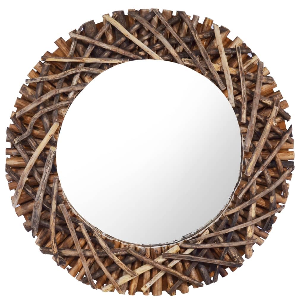 Vidaxl Solid Teak Wood Wall Mirror Round Decorative Hanging Bathroom Make Up Dressing Vanity Decoration Indoor Bedroom Living Room 23.6"